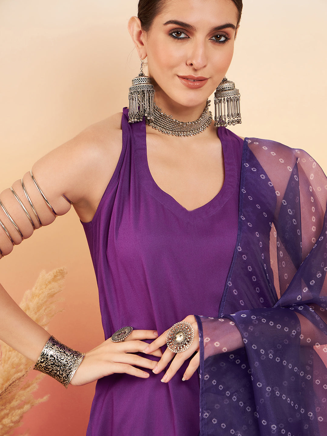 InWeave Women's Violet Neck Patti Halter Kurta Set W Violet Badhani Dupatta - Swadesiicart