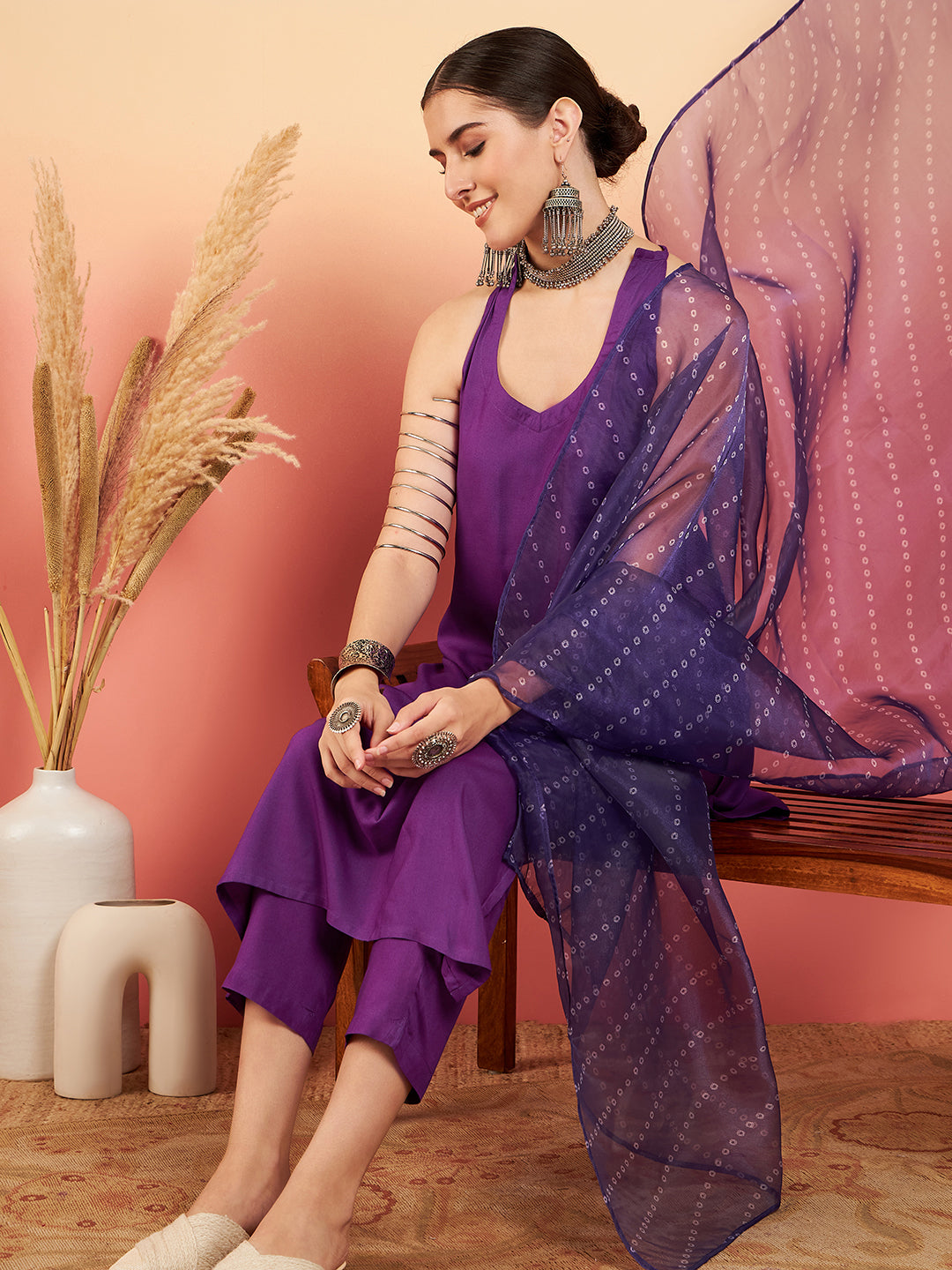 InWeave Women's Violet Neck Patti Halter Kurta Set W Violet Badhani Dupatta - Swadesiicart