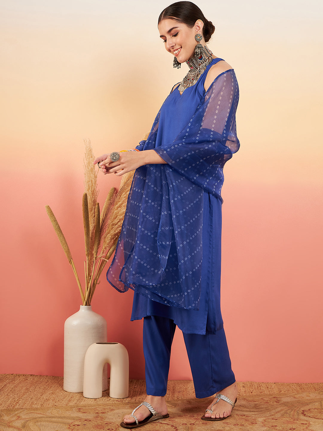 InWeave Women's Ink Blue Neck Patti Halter Kurta Set Blue Badhani Or Dupatta - Swadesiicart