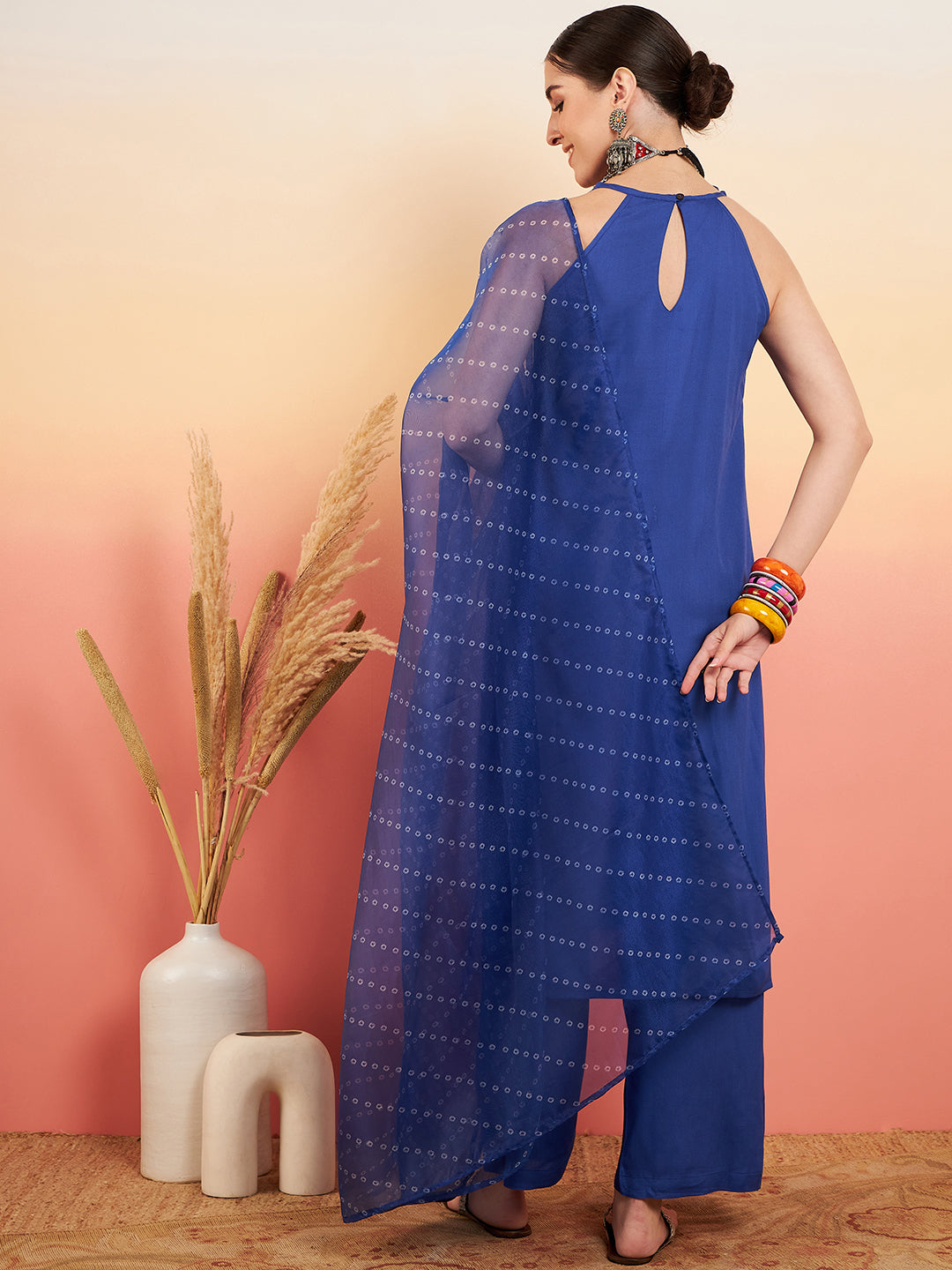 InWeave Women's Ink Blue Neck Patti Halter Kurta Set Blue Badhani Or Dupatta - Swadesiicart