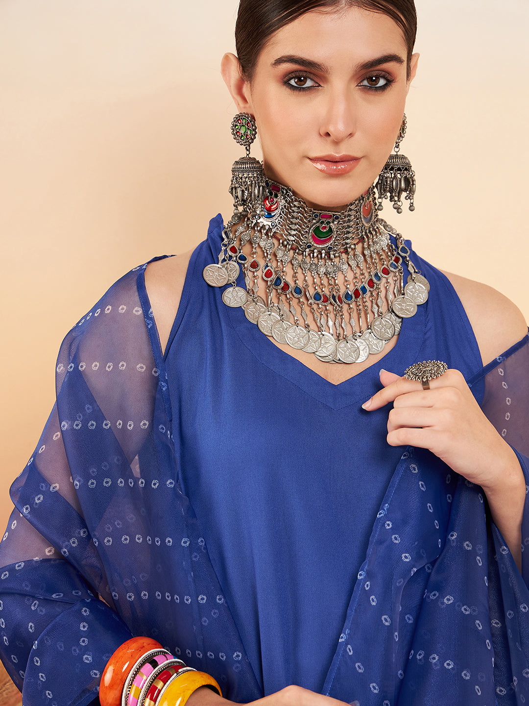 InWeave Women's Ink Blue Neck Patti Halter Kurta Set Blue Badhani Or Dupatta - Swadesiicart