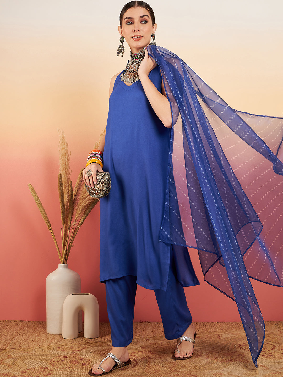 InWeave Women's Ink Blue Neck Patti Halter Kurta Set Blue Badhani Or Dupatta - Swadesiicart