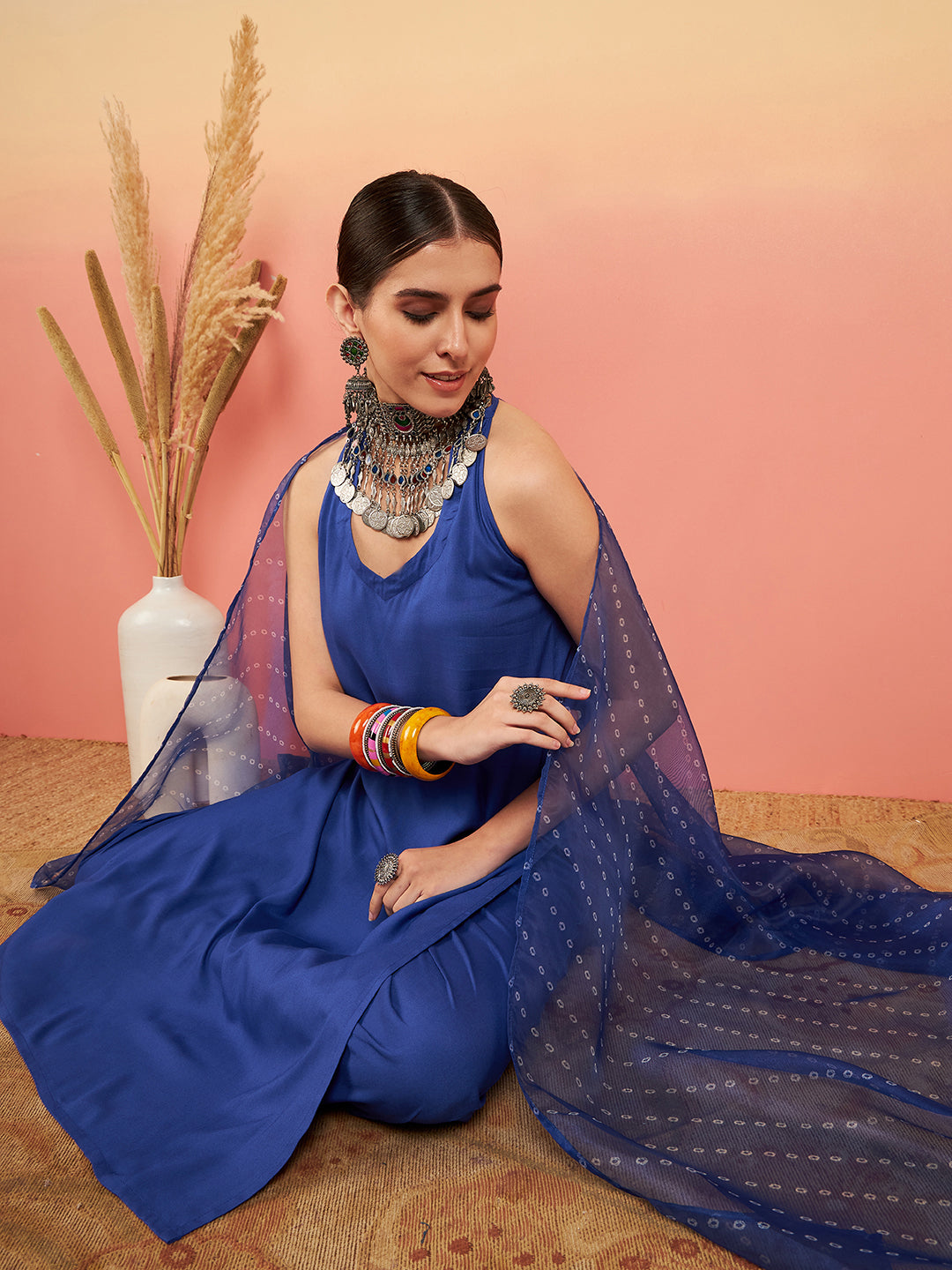 InWeave Women's Ink Blue Neck Patti Halter Kurta Set Blue Badhani Or Dupatta - Swadesiicart