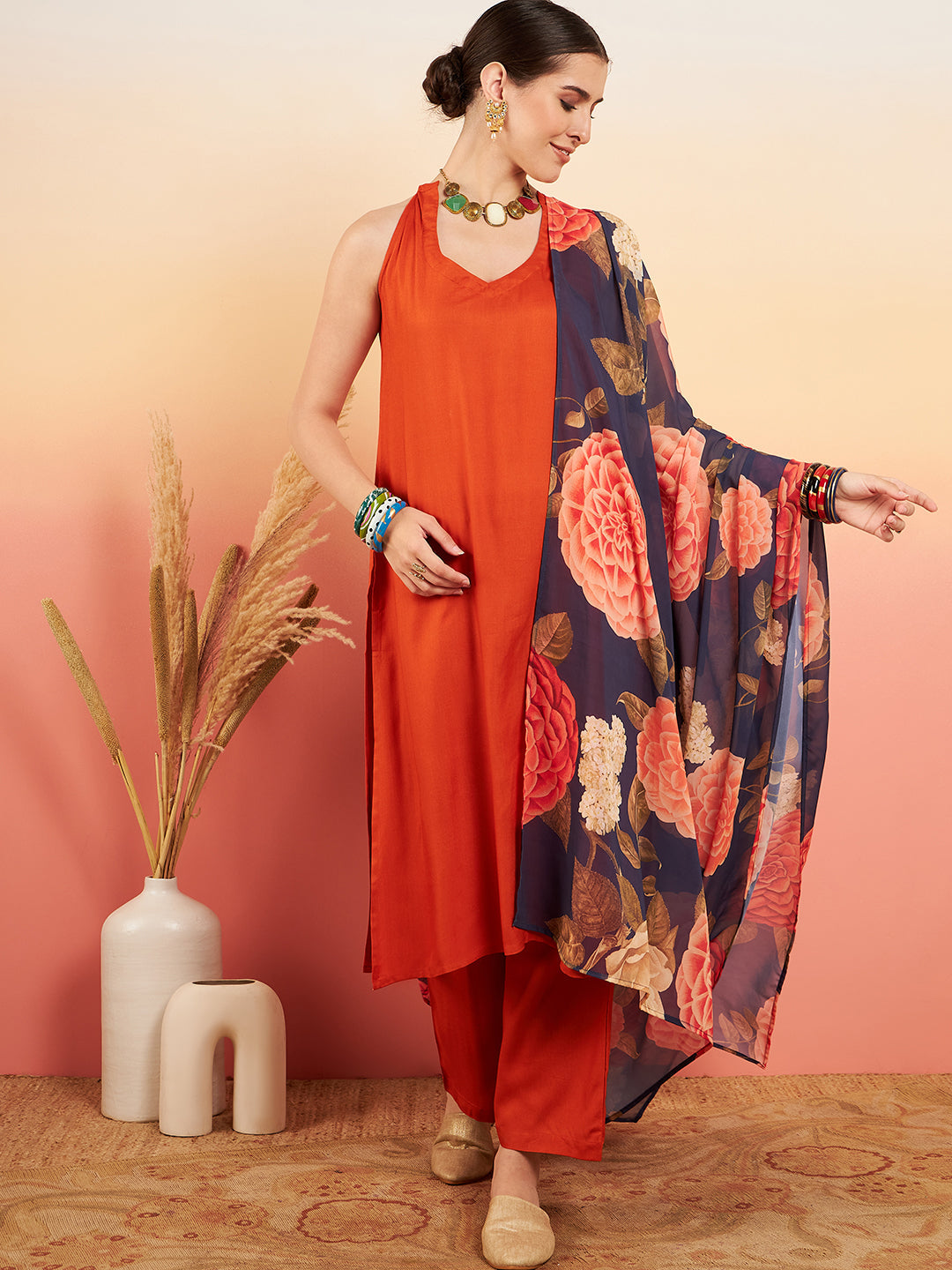 InWeave Women's Marmalade Orange Neck Patti Halter Kurta Set Navy Floral Ge Dupatta - Swadesiicart