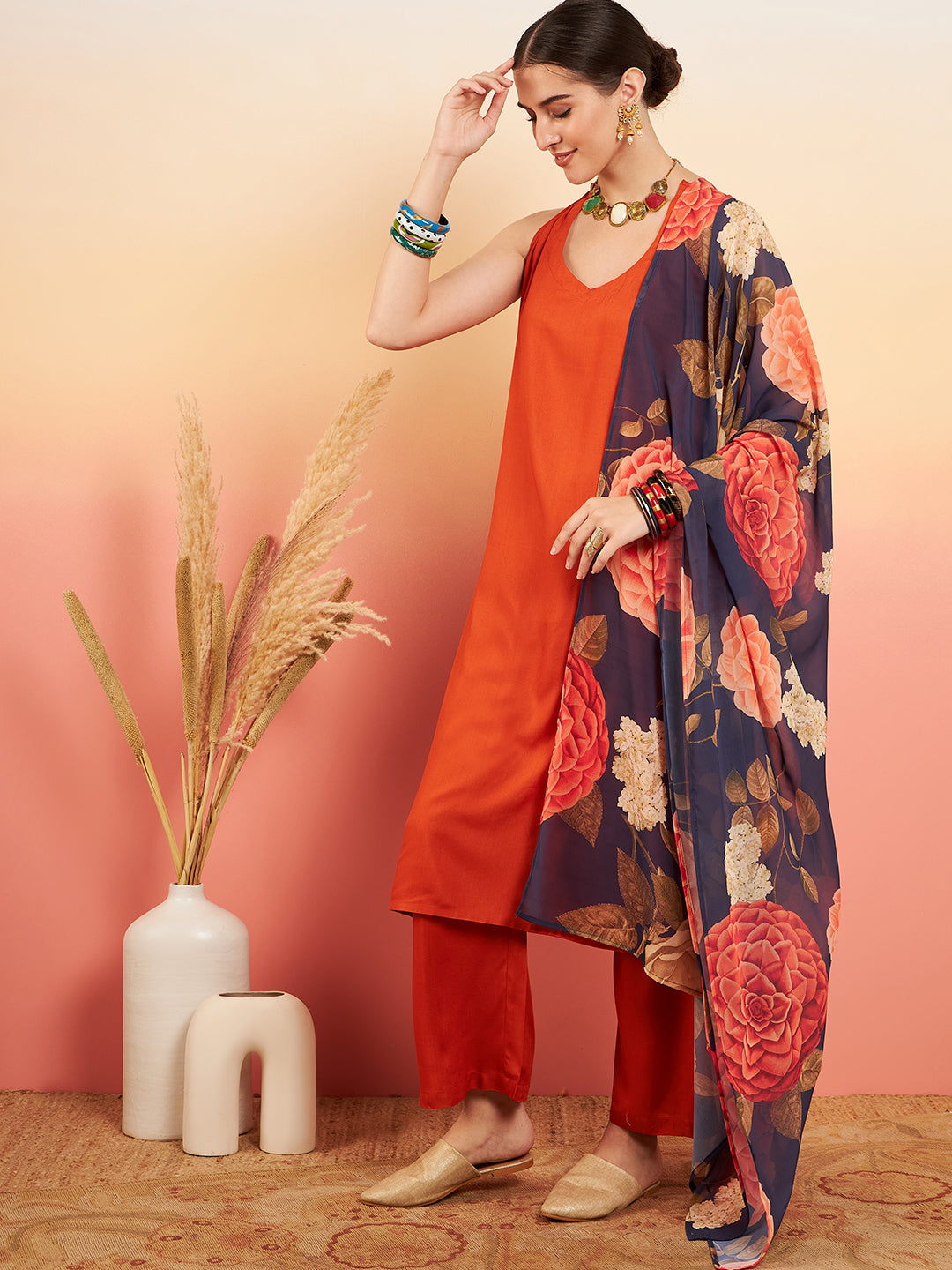 InWeave Women's Marmalade Orange Neck Patti Halter Kurta Set Navy Floral Ge Dupatta - Swadesiicart