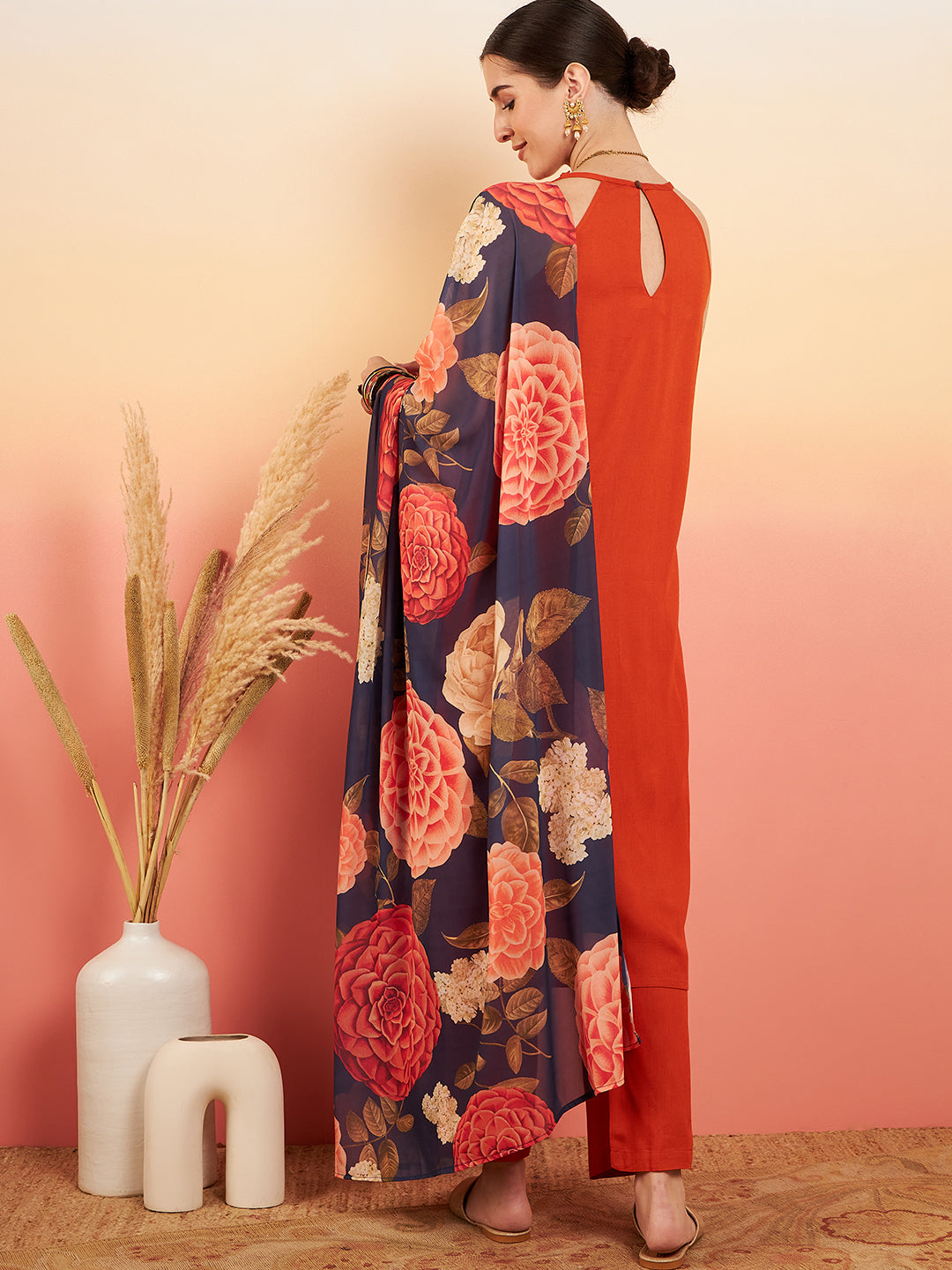 InWeave Women's Marmalade Orange Neck Patti Halter Kurta Set Navy Floral Ge Dupatta - Swadesiicart