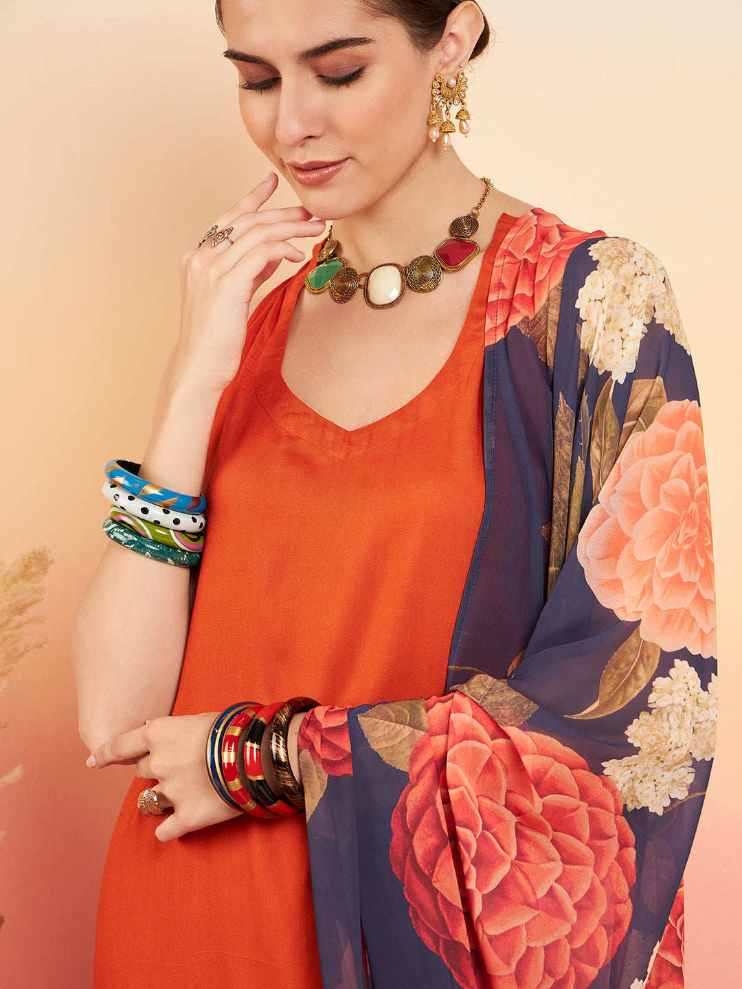 InWeave Women's Marmalade Orange Neck Patti Halter Kurta Set Navy Floral Ge Dupatta - Swadesiicart