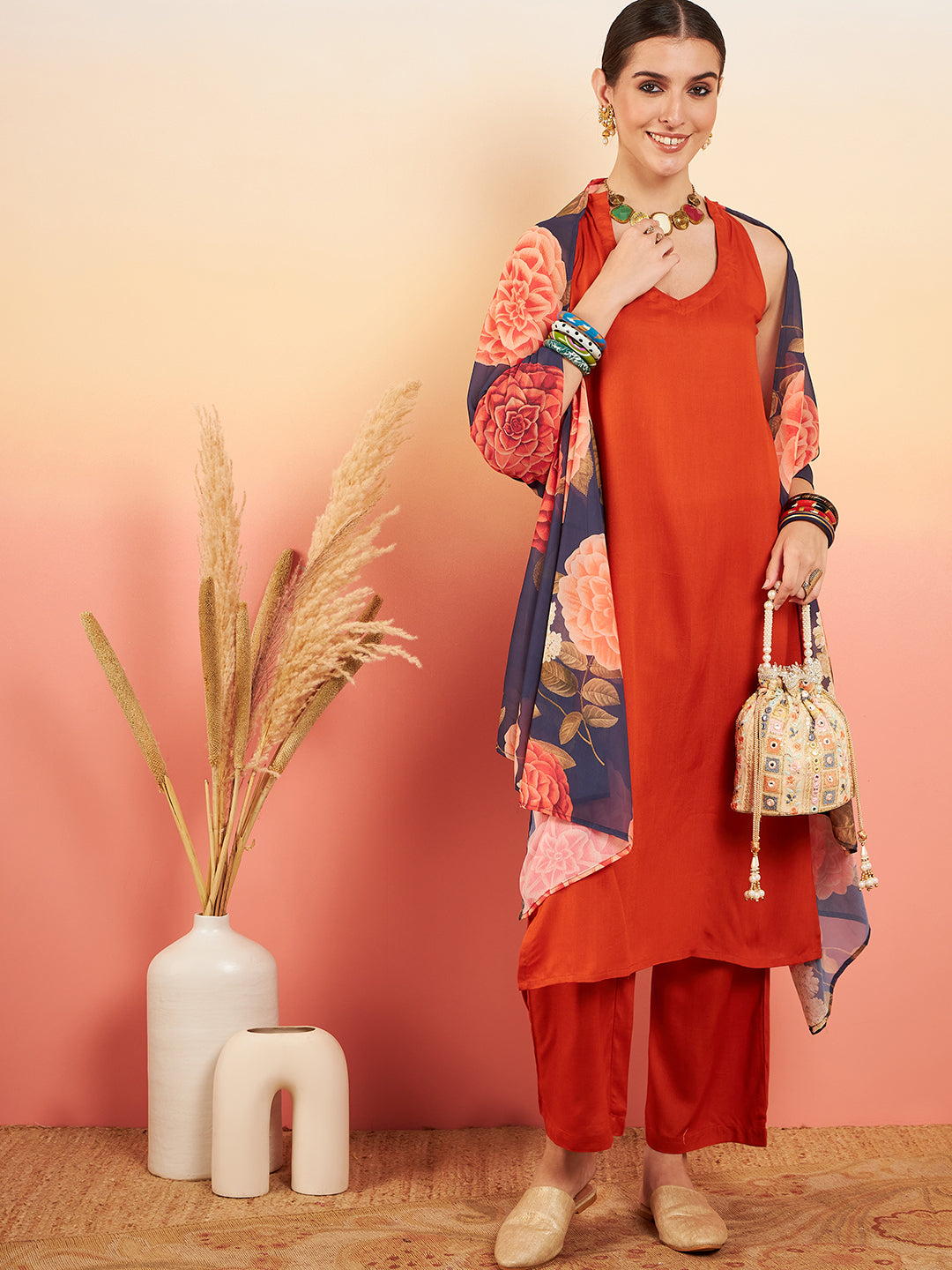 InWeave Women's Marmalade Orange Neck Patti Halter Kurta Set Navy Floral Ge Dupatta - Swadesiicart