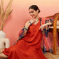 InWeave Women's Marmalade Orange Neck Patti Halter Kurta Set Navy Floral Ge Dupatta - Swadesiicart