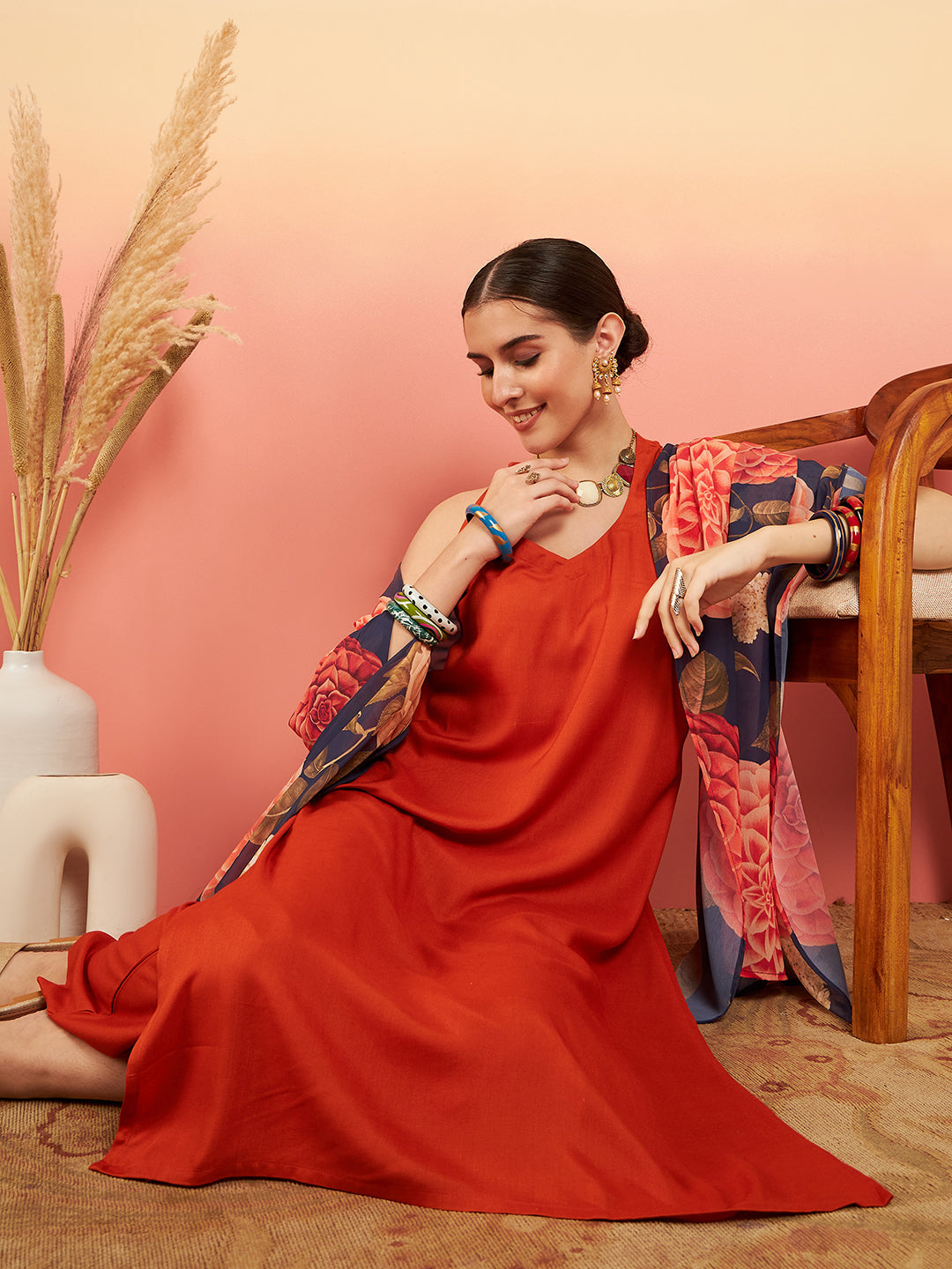 InWeave Women's Marmalade Orange Neck Patti Halter Kurta Set Navy Floral Ge Dupatta - Swadesiicart