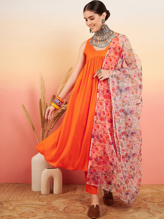 InWeave Women's Orange Sleeveless Flared Kurta Set Offwhite Multi Floral Or Dupata - Swadesiicart