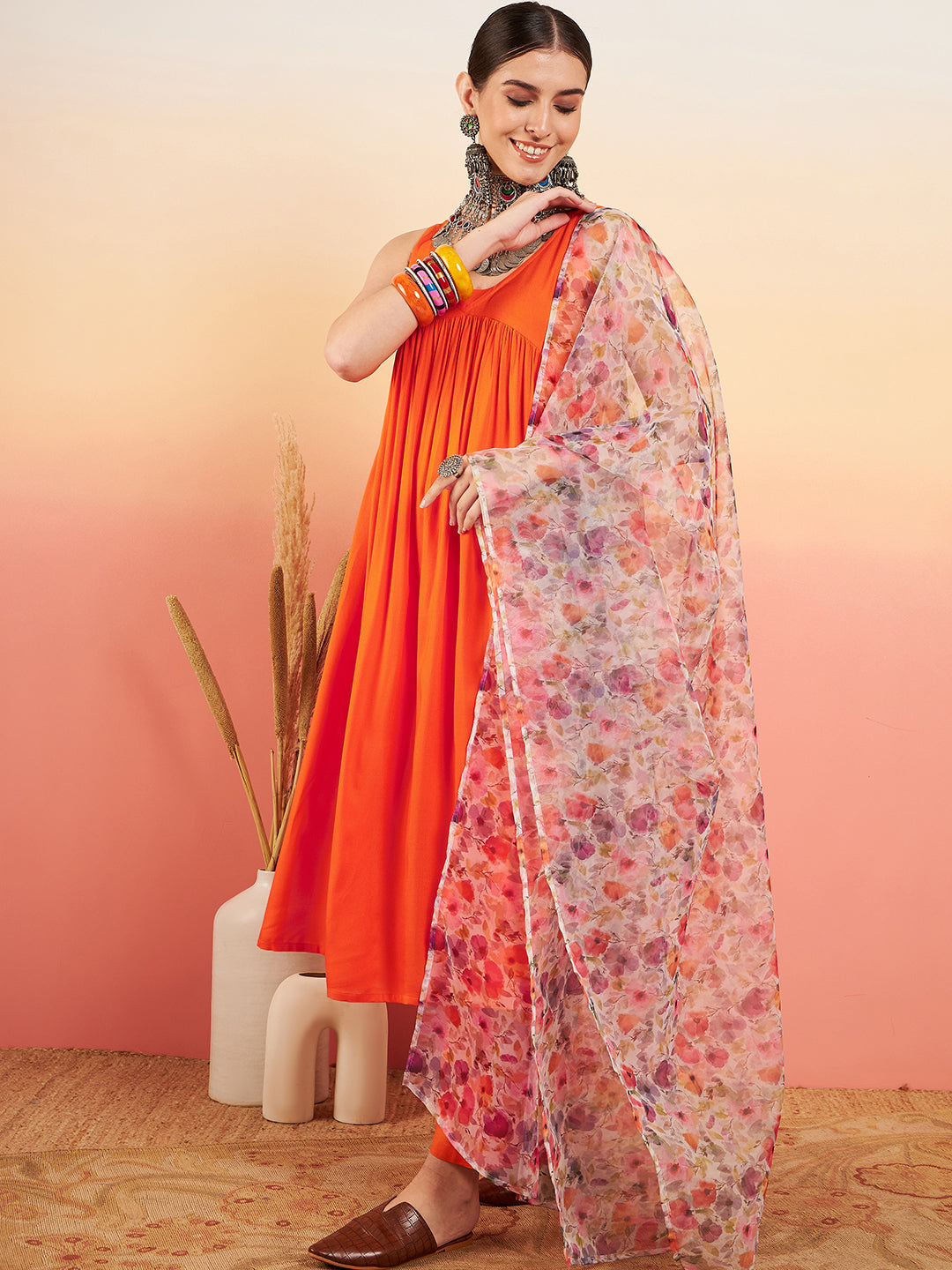 InWeave Women's Orange Sleeveless Flared Kurta Set Offwhite Multi Floral Or Dupata - Swadesiicart