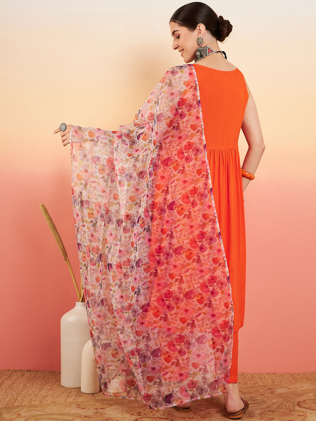 InWeave Women's Orange Sleeveless Flared Kurta Set Offwhite Multi Floral Or Dupata - Swadesiicart