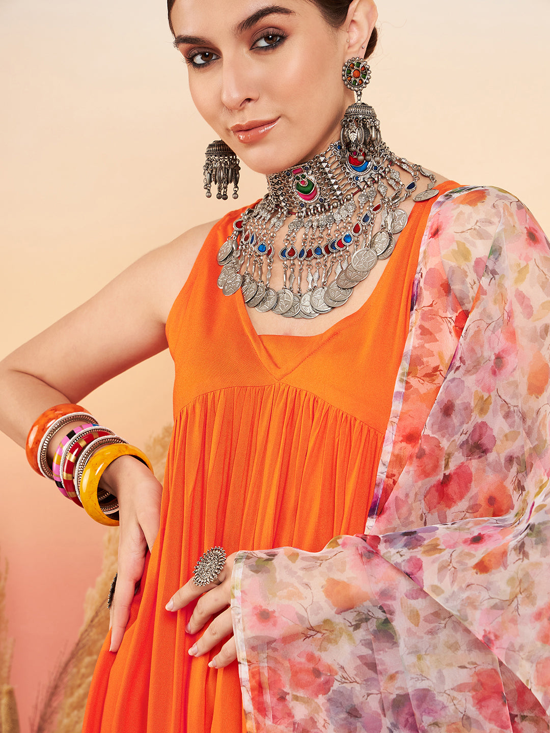 InWeave Women's Orange Sleeveless Flared Kurta Set Offwhite Multi Floral Or Dupata - Swadesiicart