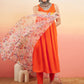 InWeave Women's Orange Sleeveless Flared Kurta Set Offwhite Multi Floral Or Dupata - Swadesiicart