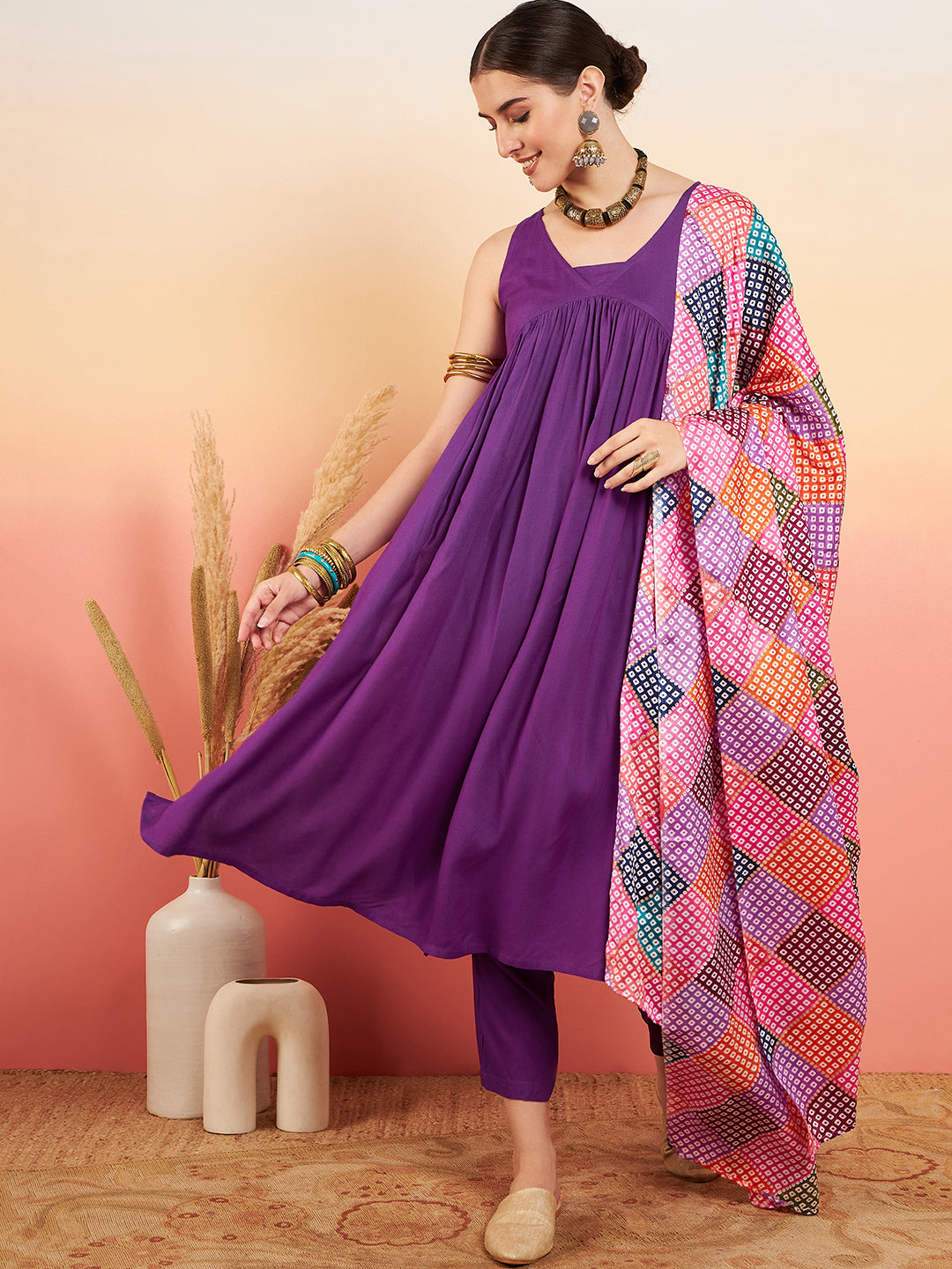InWeave Women's Violet Sleeveless Flared Kurta Set Squar Badhani Silk Dupatta - Swadesiicart
