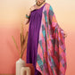 InWeave Women's Violet Sleeveless Flared Kurta Set Squar Badhani Silk Dupatta - Swadesiicart