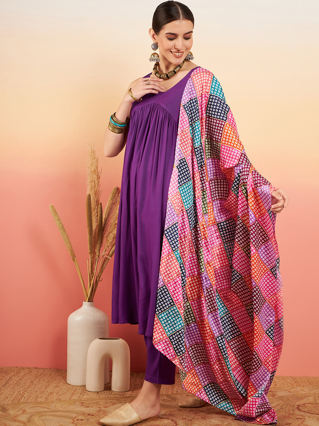InWeave Women's Violet Sleeveless Flared Kurta Set Squar Badhani Silk Dupatta - Swadesiicart