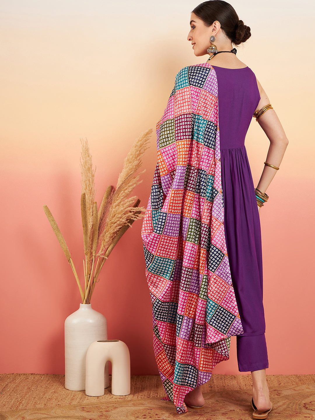 InWeave Women's Violet Sleeveless Flared Kurta Set Squar Badhani Silk Dupatta - Swadesiicart