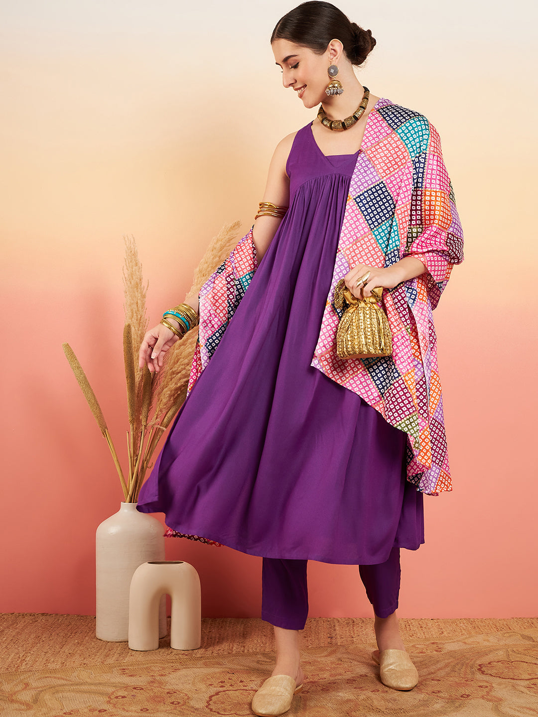 InWeave Women's Violet Sleeveless Flared Kurta Set Squar Badhani Silk Dupatta - Swadesiicart