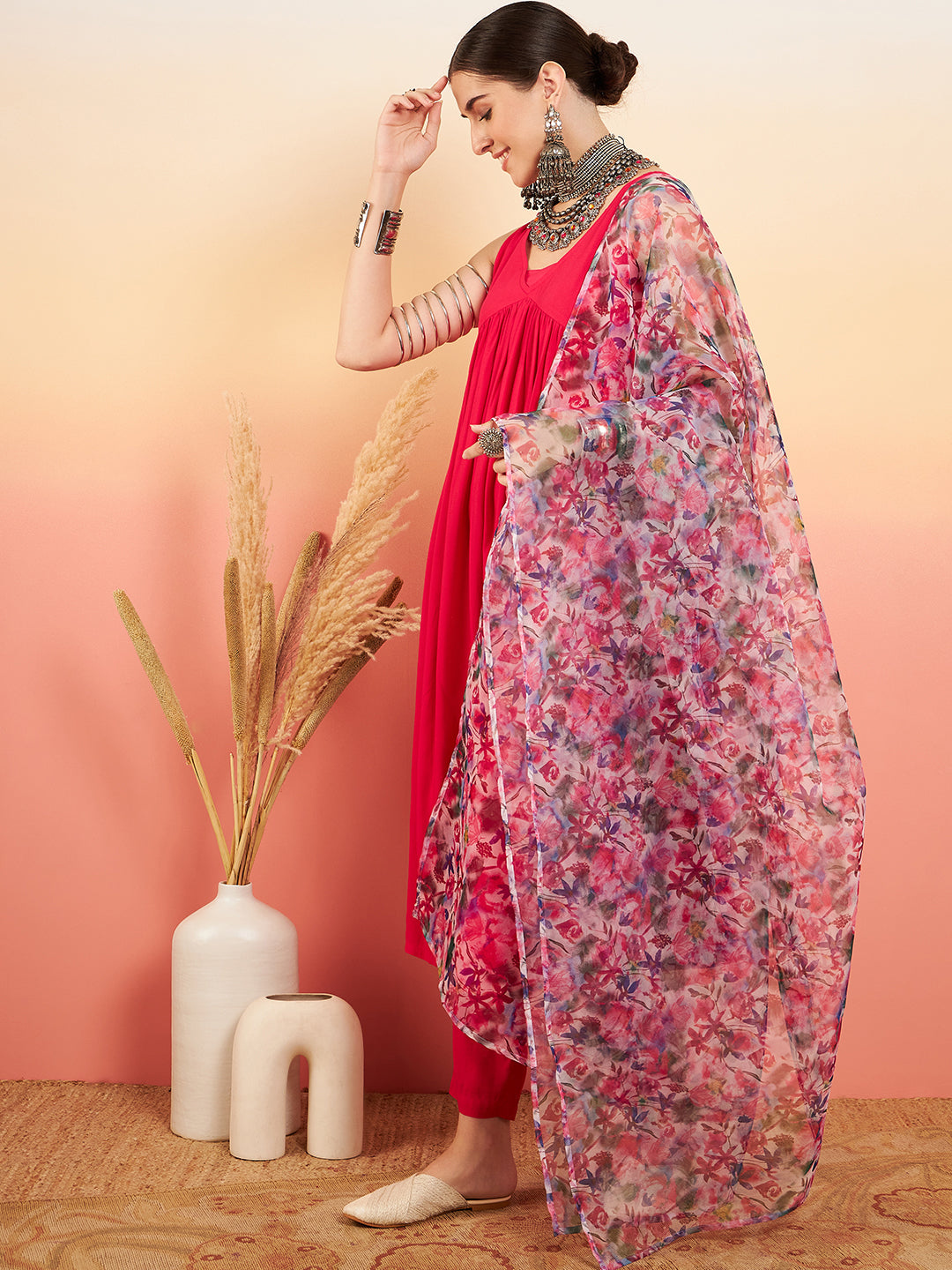 InWeave Women's Magenta Sleeveless Flared Kurta Set Blue Pink Or Dupatta - Swadesiicart