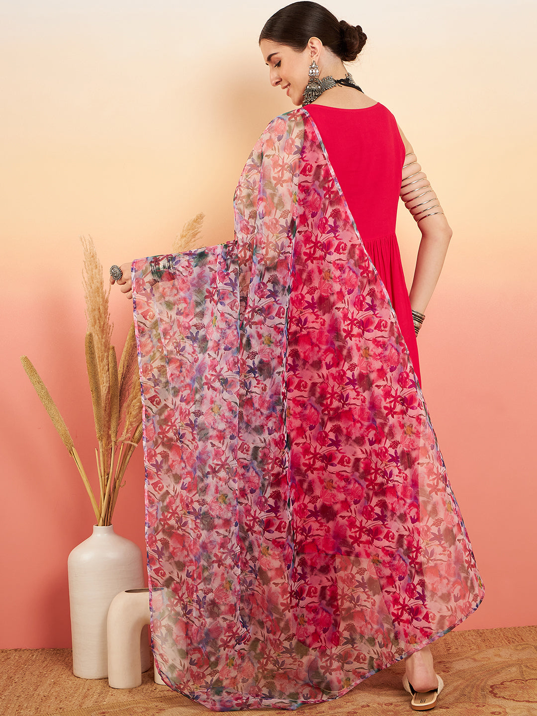 InWeave Women's Magenta Sleeveless Flared Kurta Set Blue Pink Or Dupatta - Swadesiicart