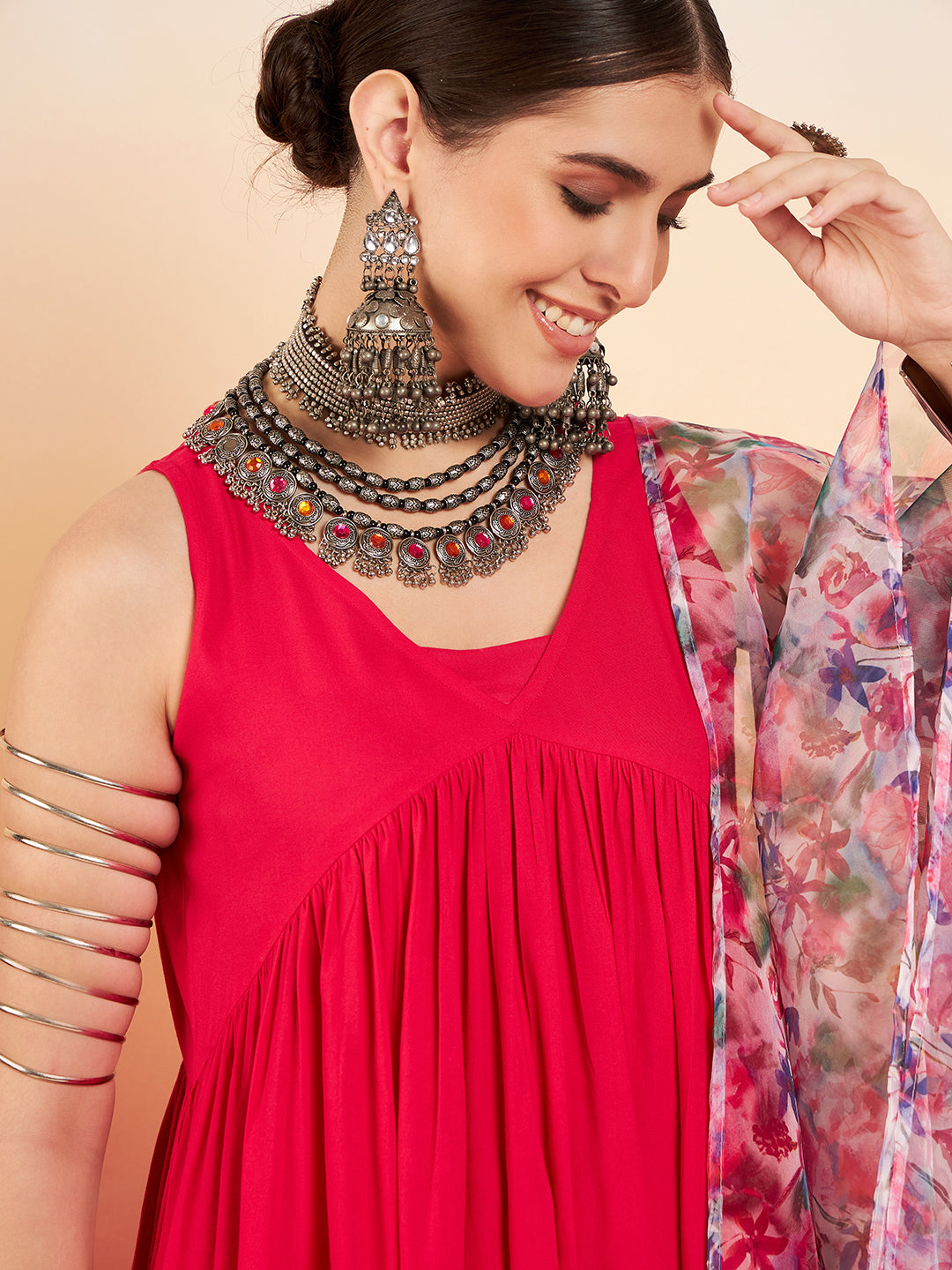 InWeave Women's Magenta Sleeveless Flared Kurta Set Blue Pink Or Dupatta - Swadesiicart