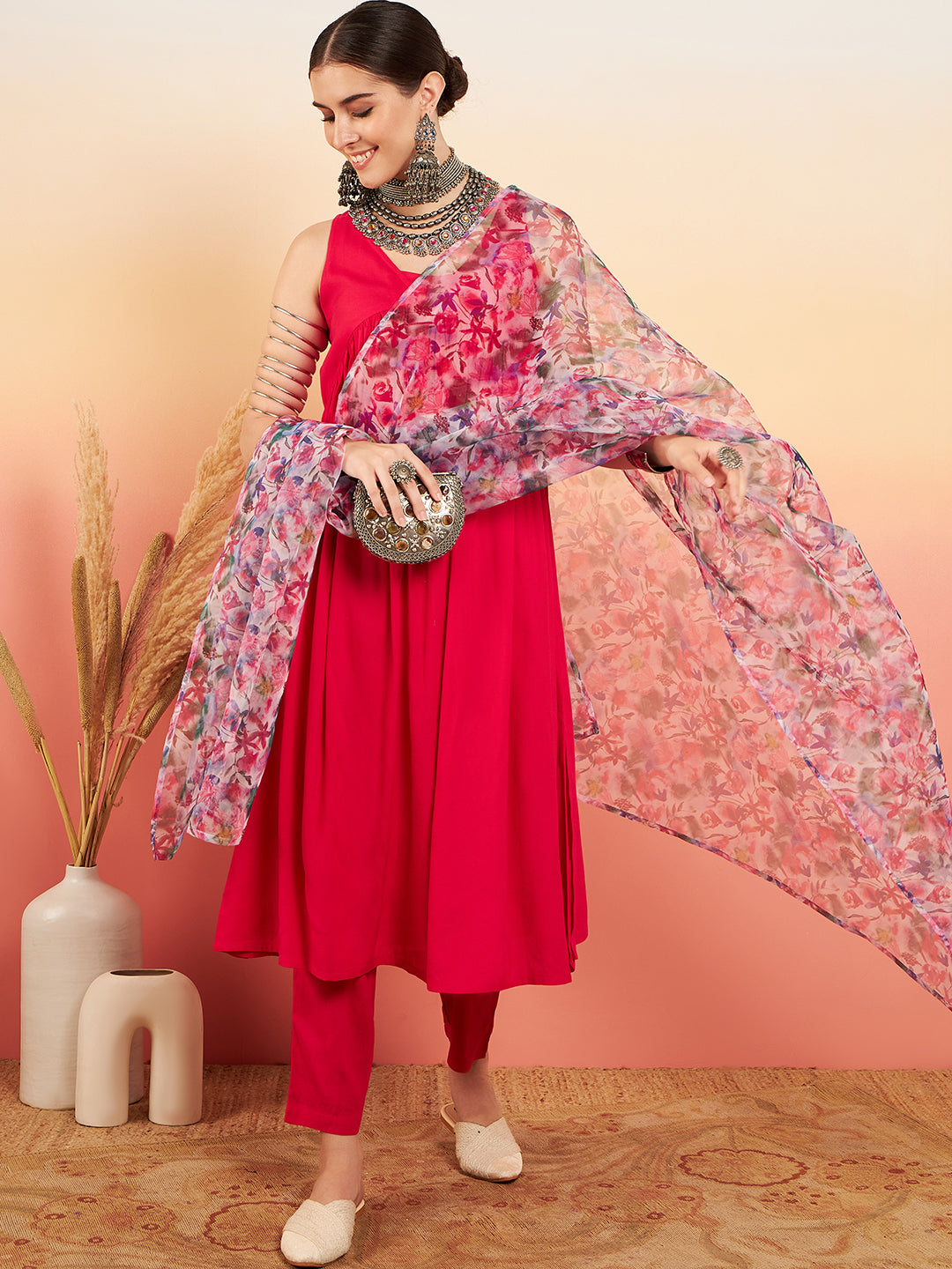 InWeave Women's Magenta Sleeveless Flared Kurta Set Blue Pink Or Dupatta - Swadesiicart