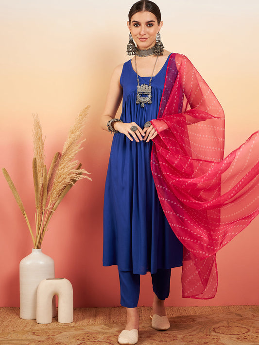 InWeave Women's Ink Blue Sleeveless Flared Kurta Set Fuschia Ba Or Dupatta - Swadesiicart