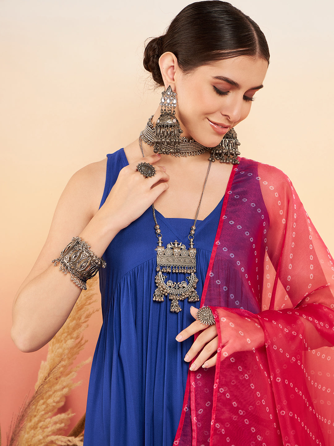 InWeave Women's Ink Blue Sleeveless Flared Kurta Set Fuschia Ba Or Dupatta - Swadesiicart