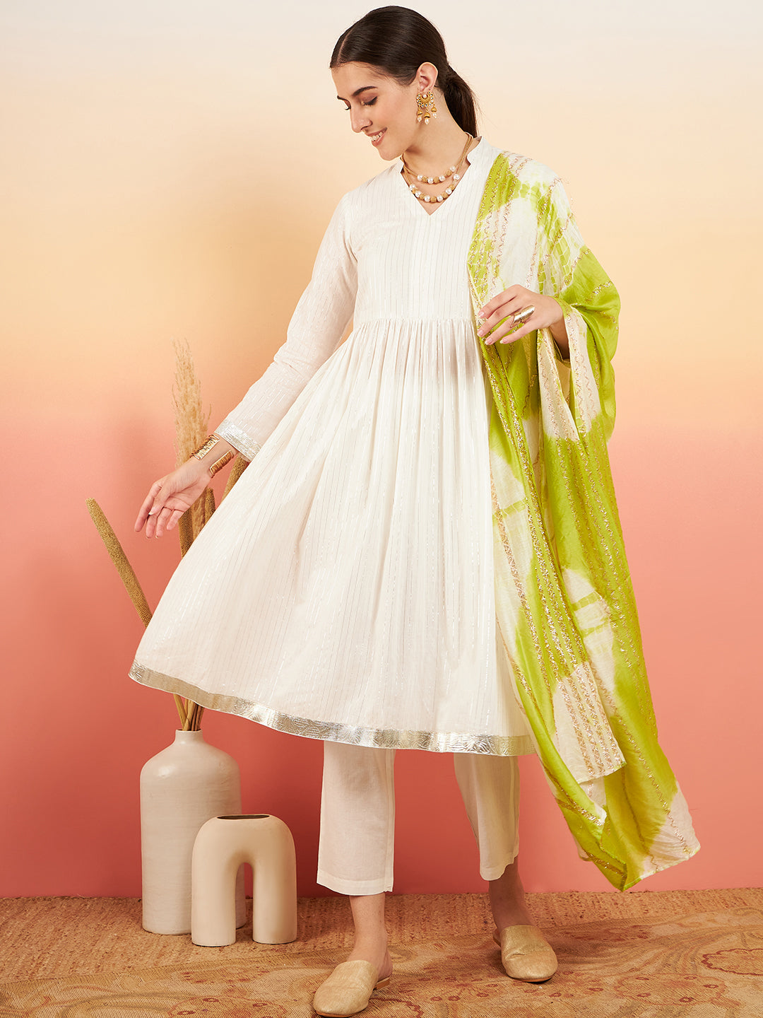 InWeave Women's White Lurex V Neck Gota Anarkali Kurta Set Lime White Lurex Dupatta - Swadesiicart