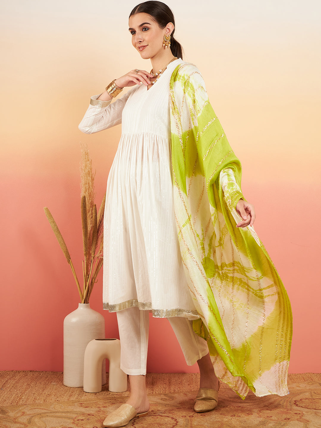 InWeave Women's White Lurex V Neck Gota Anarkali Kurta Set Lime White Lurex Dupatta - Swadesiicart