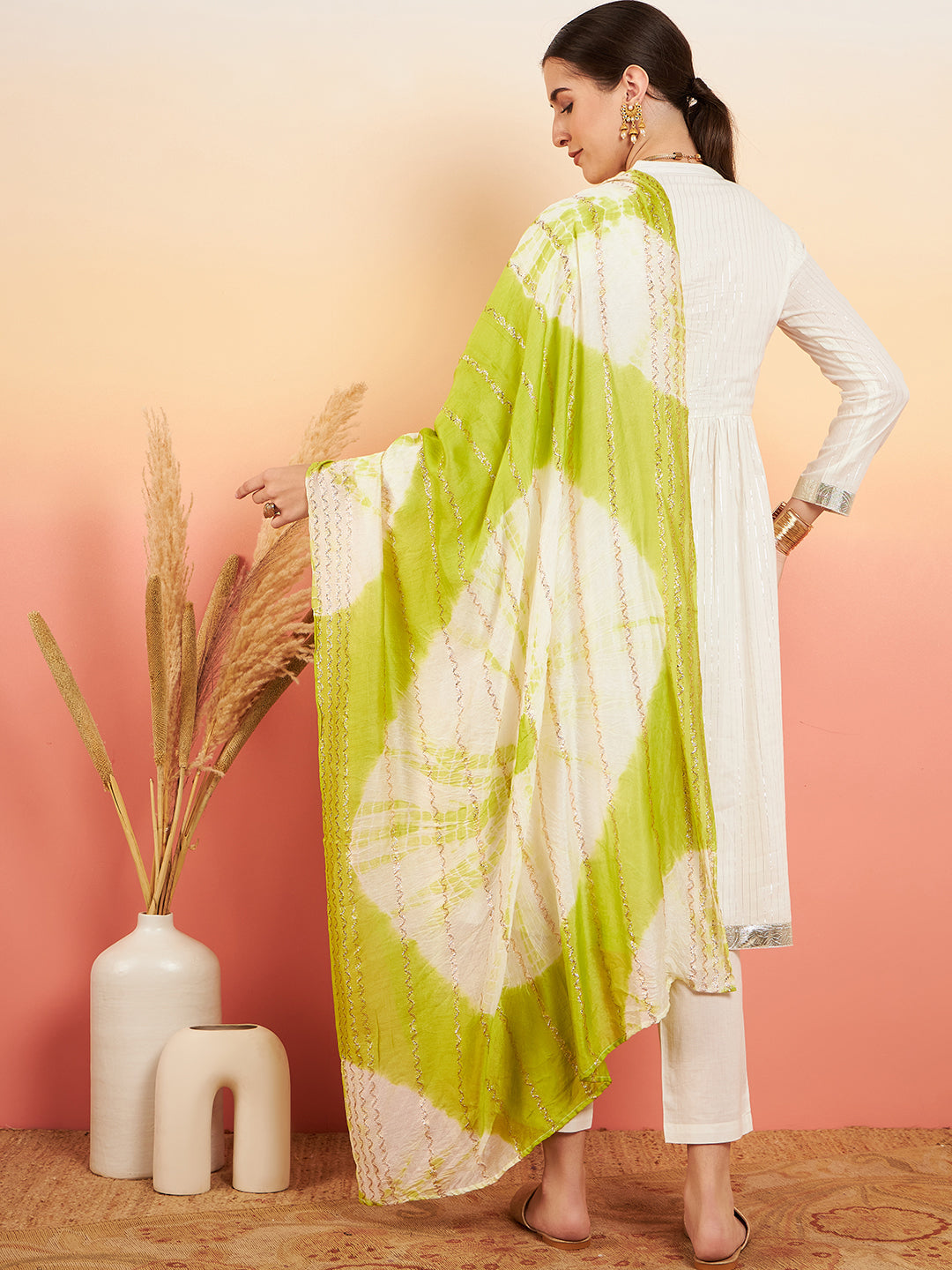 InWeave Women's White Lurex V Neck Gota Anarkali Kurta Set Lime White Lurex Dupatta - Swadesiicart