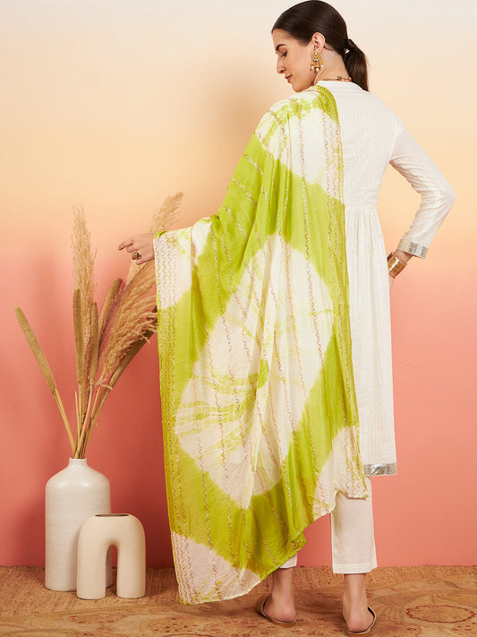 InWeave Women's White Lurex V Neck Gota Anarkali Kurta Set Lime White Lurex Dupatta - Swadesiicart