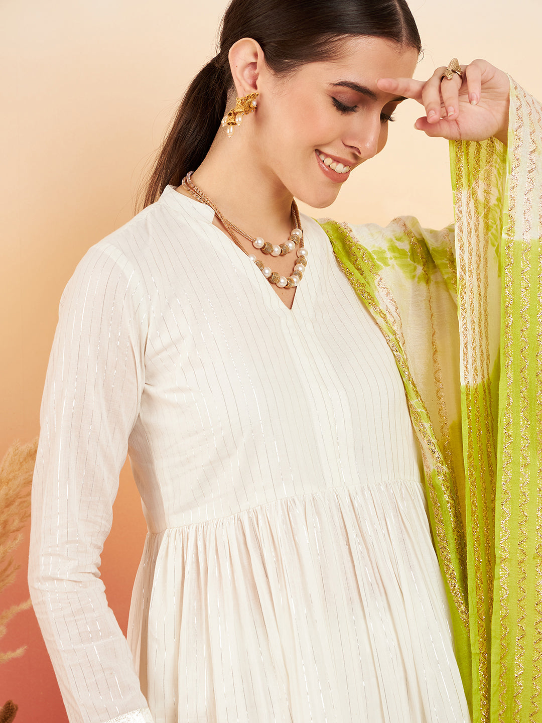 InWeave Women's White Lurex V Neck Gota Anarkali Kurta Set Lime White Lurex Dupatta - Swadesiicart