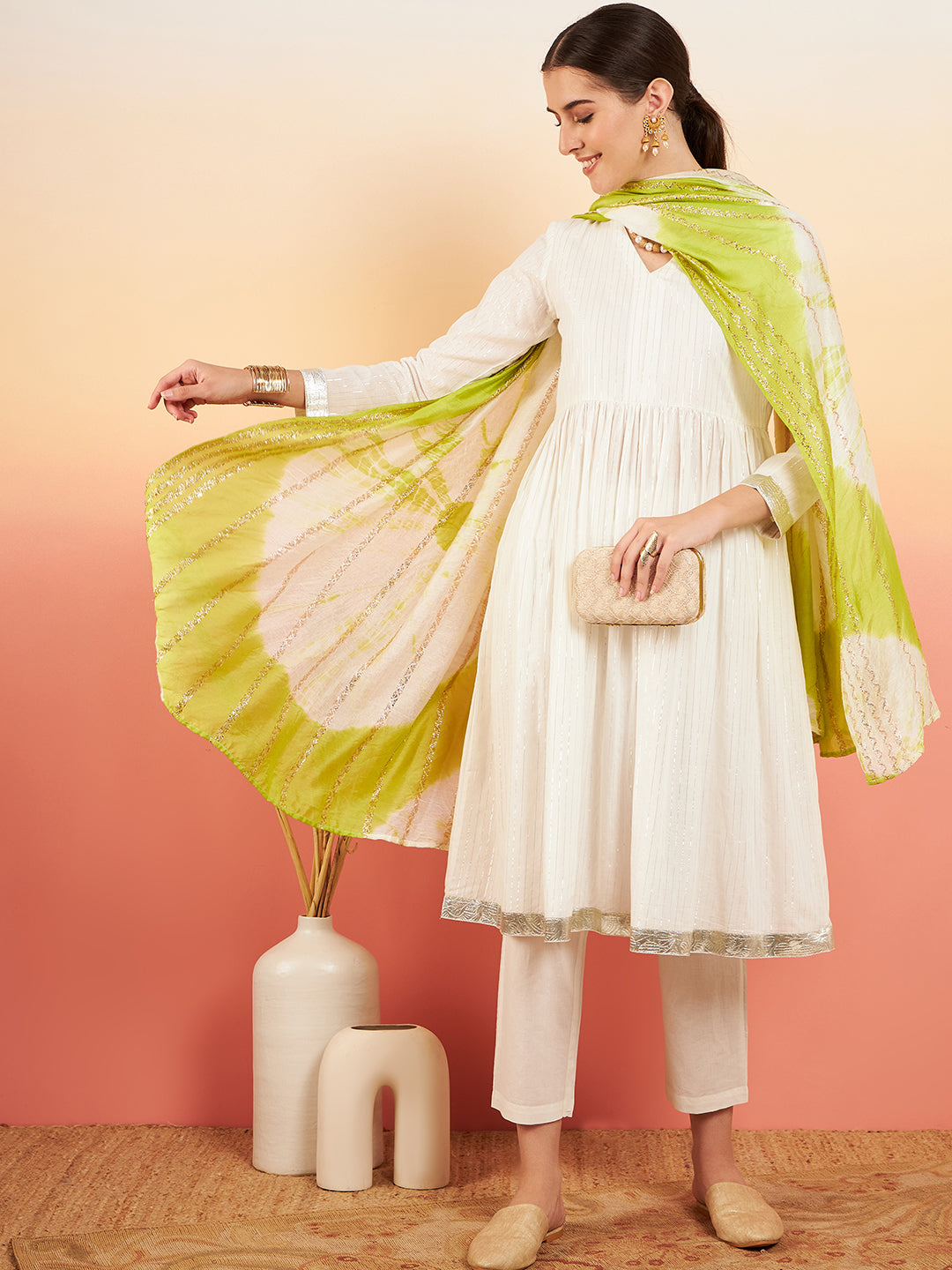 InWeave Women's White Lurex V Neck Gota Anarkali Kurta Set Lime White Lurex Dupatta - Swadesiicart