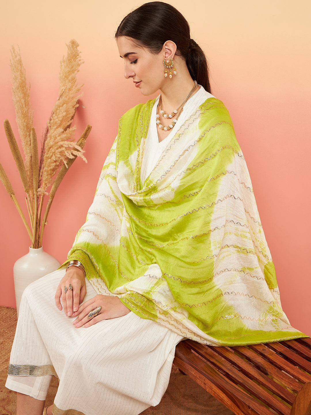 InWeave Women's White Lurex V Neck Gota Anarkali Kurta Set Lime White Lurex Dupatta - Swadesiicart