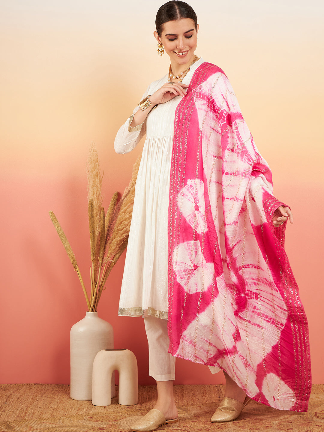 InWeave Women's White Lurex V Neck Gota Anarkali Kurta Set Magenta Lurex Dupatta - Swadesiicart