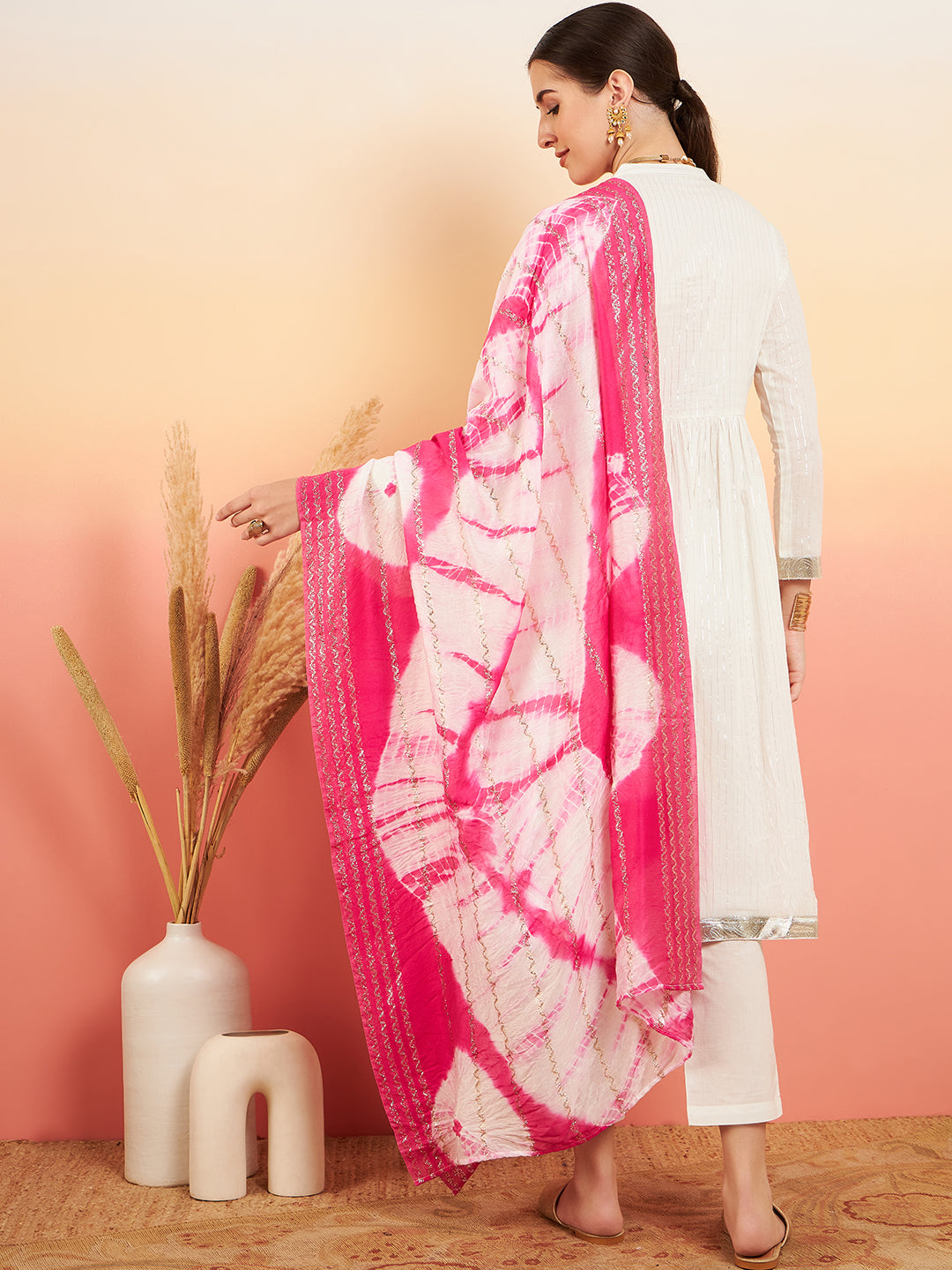 InWeave Women's White Lurex V Neck Gota Anarkali Kurta Set Magenta Lurex Dupatta - Swadesiicart