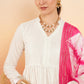 InWeave Women's White Lurex V Neck Gota Anarkali Kurta Set Magenta Lurex Dupatta - Swadesiicart