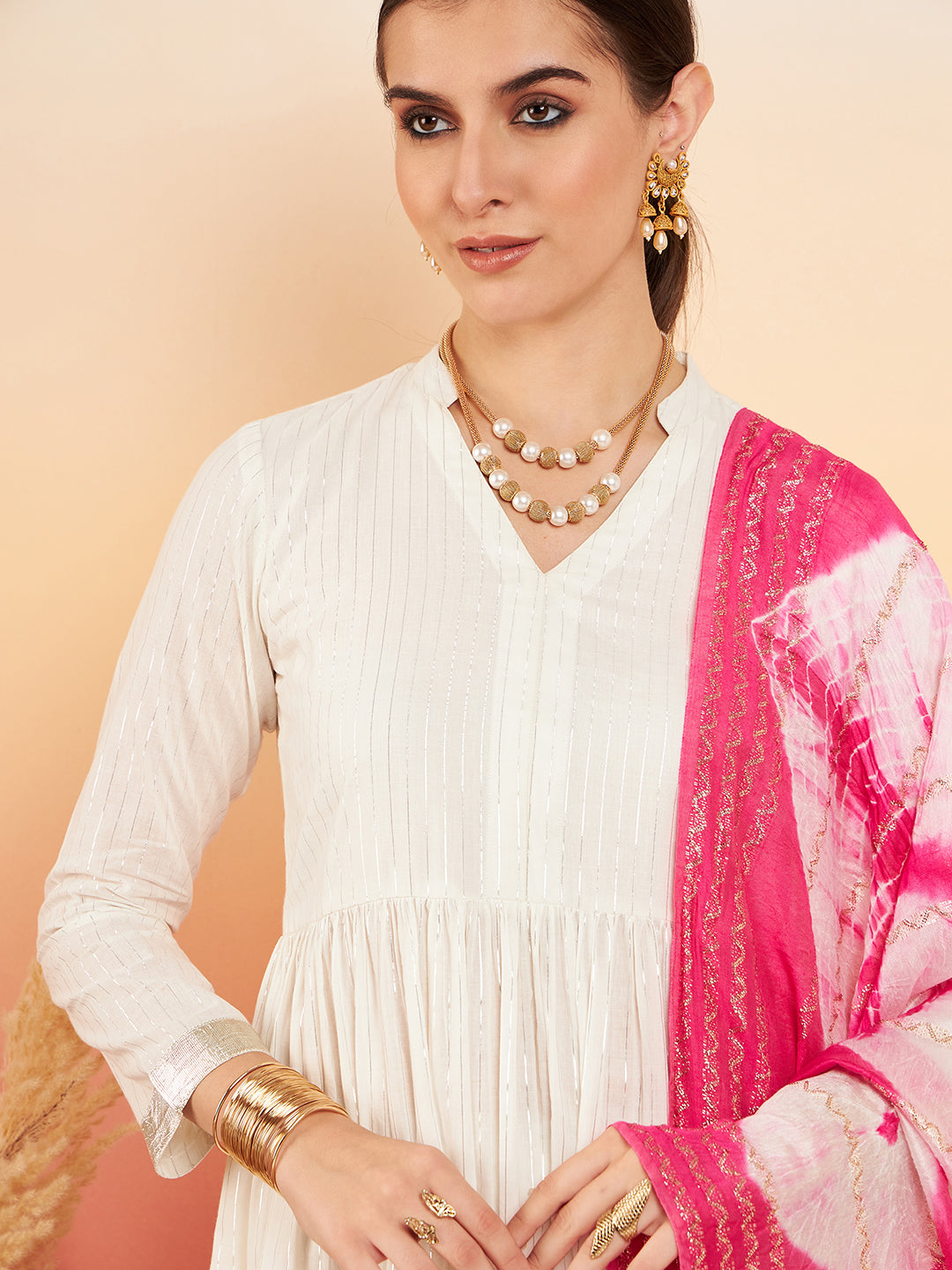 InWeave Women's White Lurex V Neck Gota Anarkali Kurta Set Magenta Lurex Dupatta - Swadesiicart