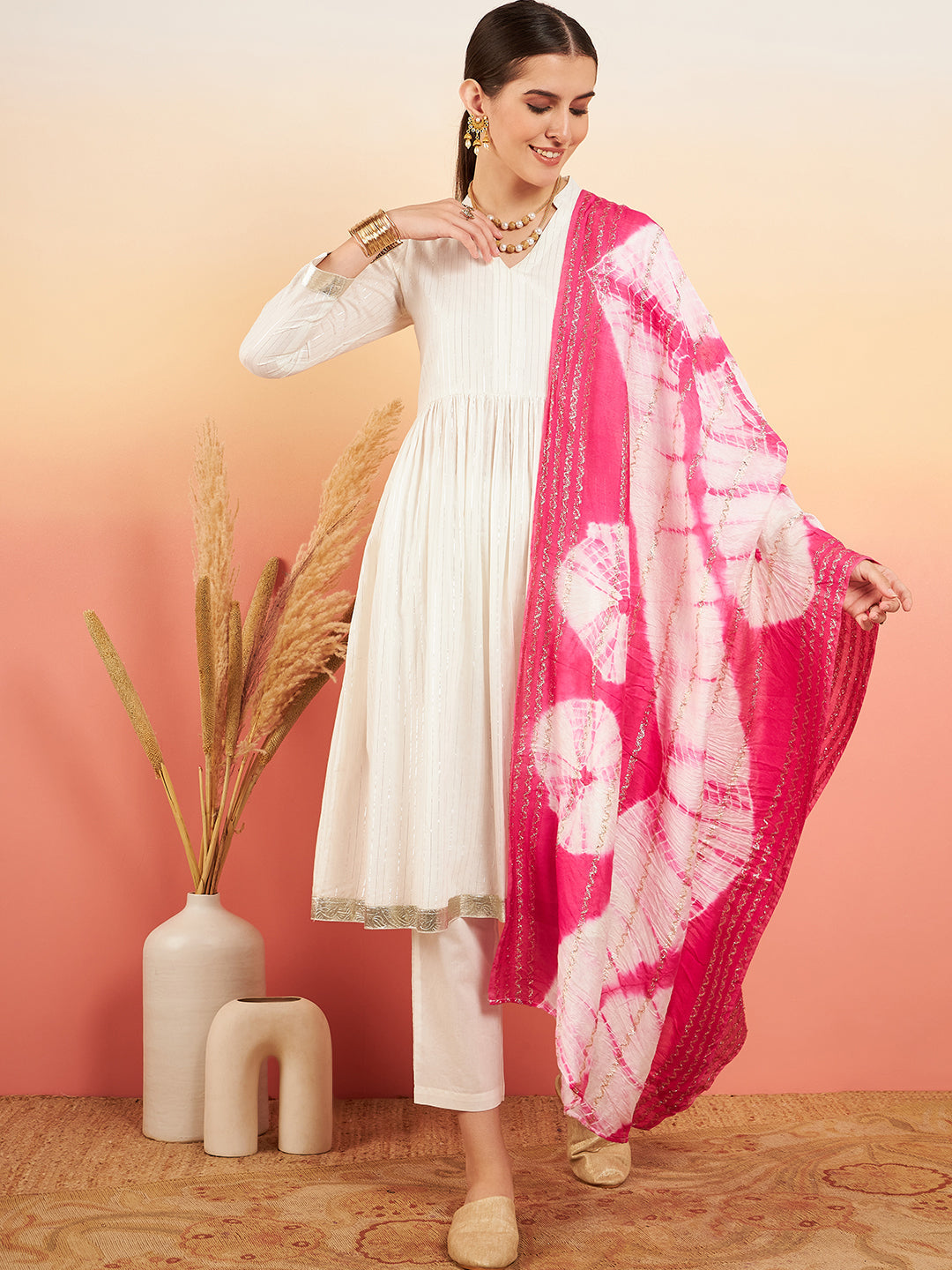 InWeave Women's White Lurex V Neck Gota Anarkali Kurta Set Magenta Lurex Dupatta - Swadesiicart