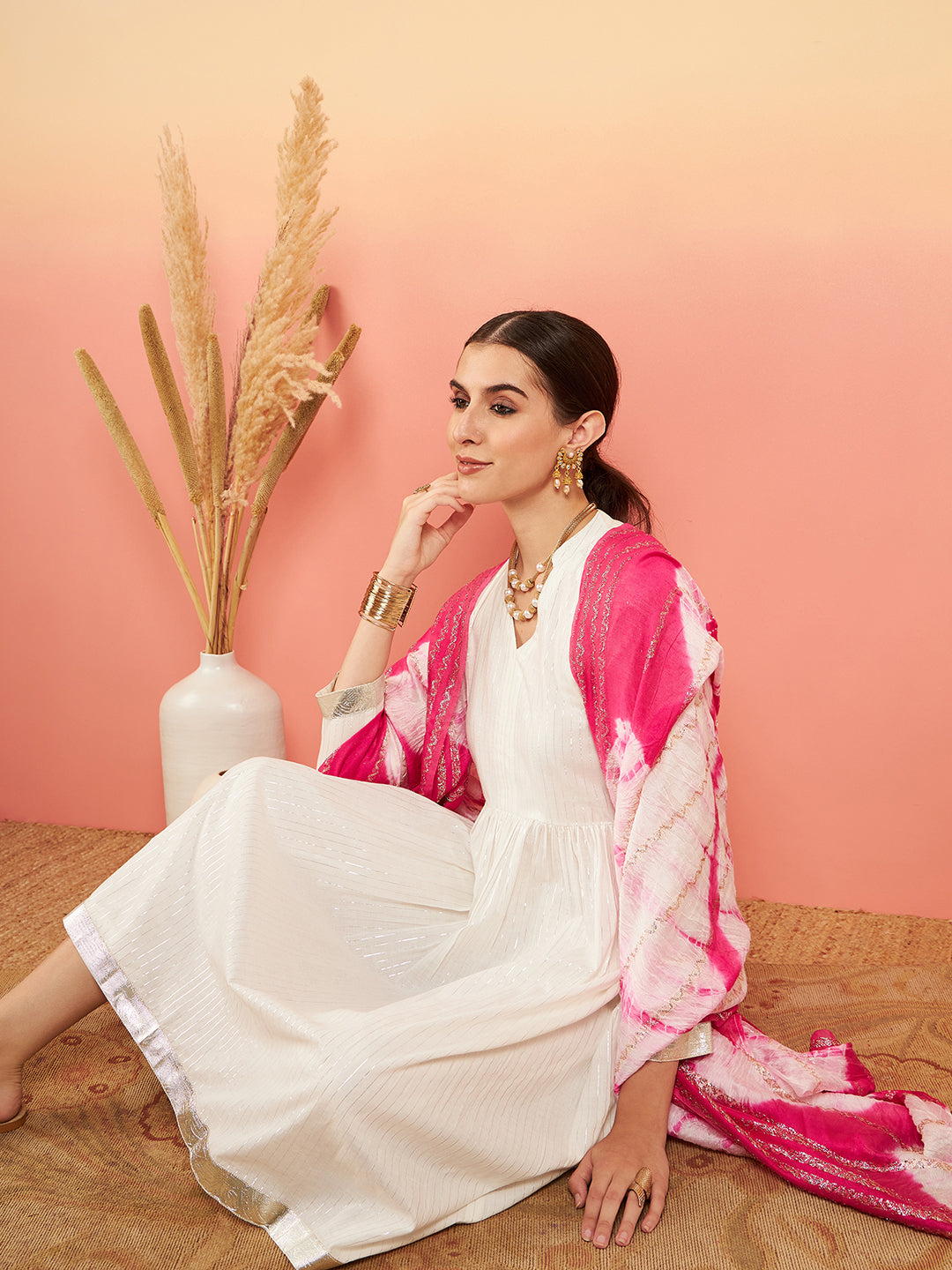 InWeave Women's White Lurex V Neck Gota Anarkali Kurta Set Magenta Lurex Dupatta - Swadesiicart