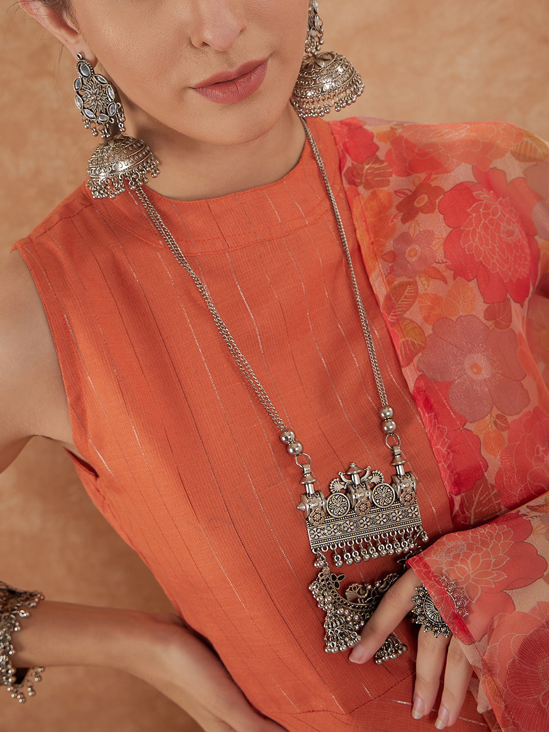 InWeave Women's Light Rust Lurex Kurta Set W Orange Big Or Dupatta - Swadesiicart