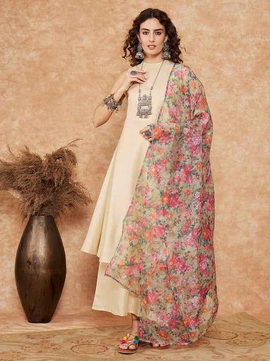 InWeave Women's Cream Lurex Kurta Set Pear Green Pink Or Dupatta - Swadesiicart