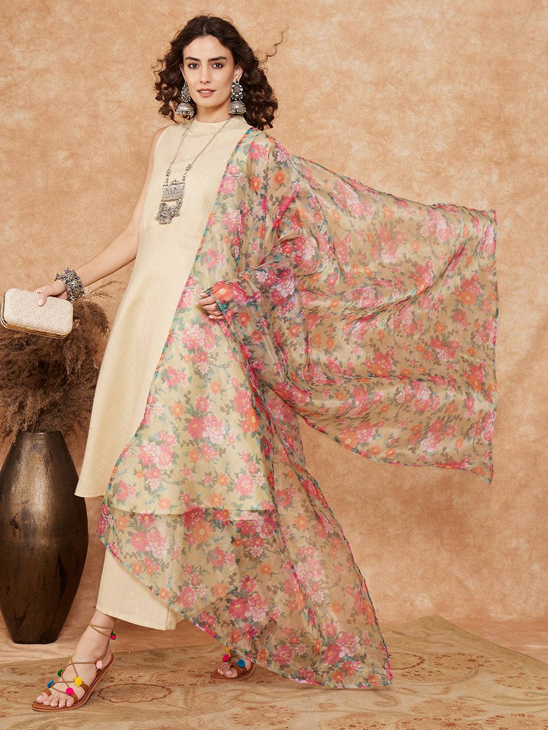 InWeave Women's Cream Lurex Kurta Set Pear Green Pink Or Dupatta - Swadesiicart