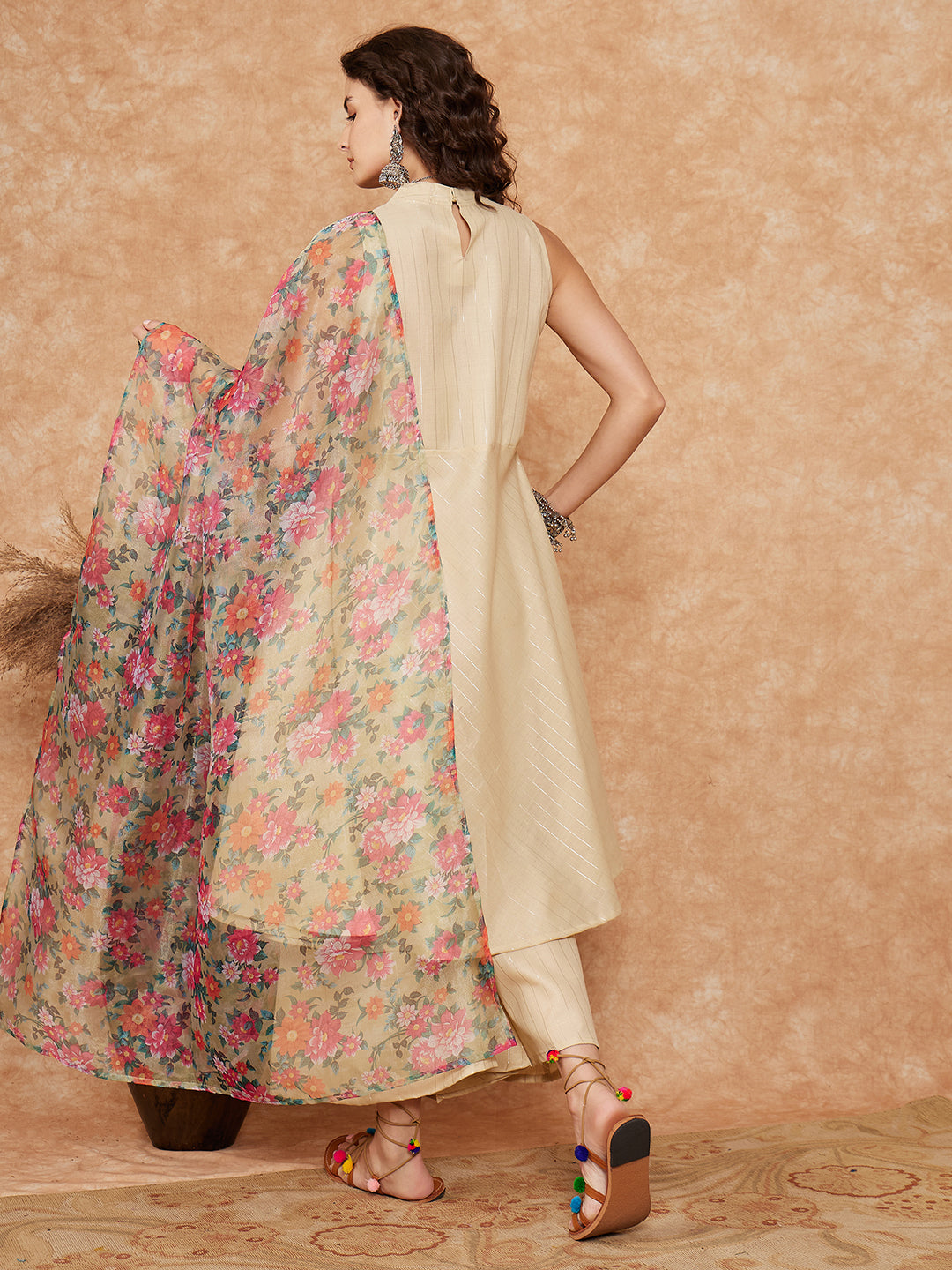 InWeave Women's Cream Lurex Kurta Set Pear Green Pink Or Dupatta - Swadesiicart