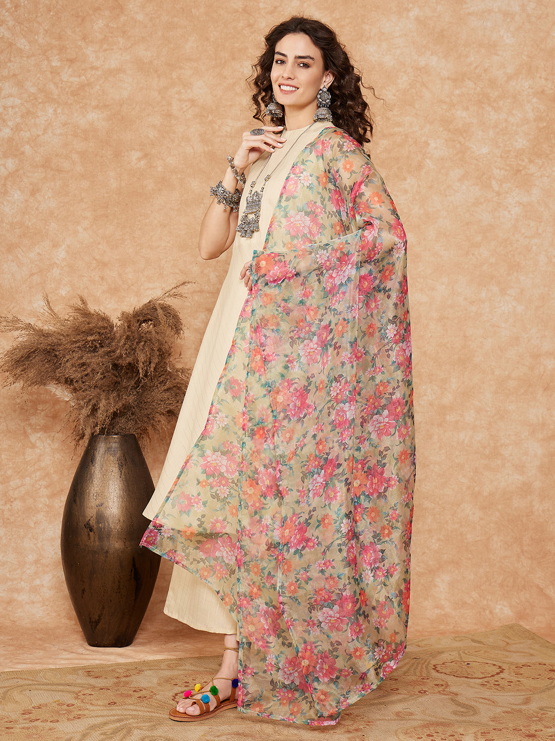 InWeave Women's Cream Lurex Kurta Set Pear Green Pink Or Dupatta - Swadesiicart