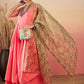 InWeave Dark Peach Strappy W Olive Liberty Print Organza Dupatta Set - Swadesiicart