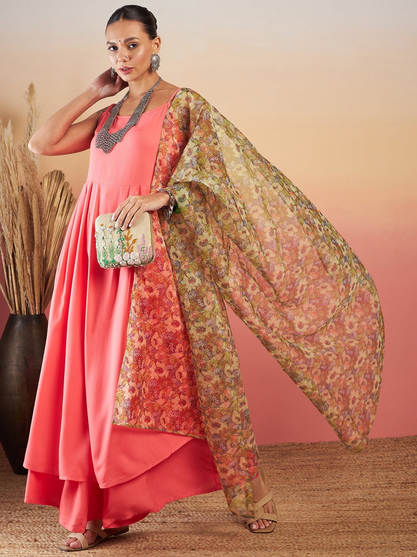 InWeave Dark Peach Strappy W Olive Liberty Print Organza Dupatta Set - Swadesiicart